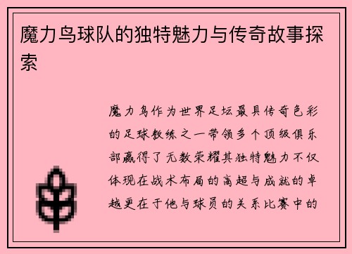 魔力鸟球队的独特魅力与传奇故事探索