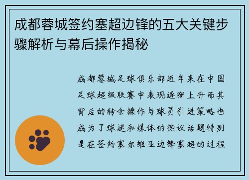 成都蓉城签约塞超边锋的五大关键步骤解析与幕后操作揭秘